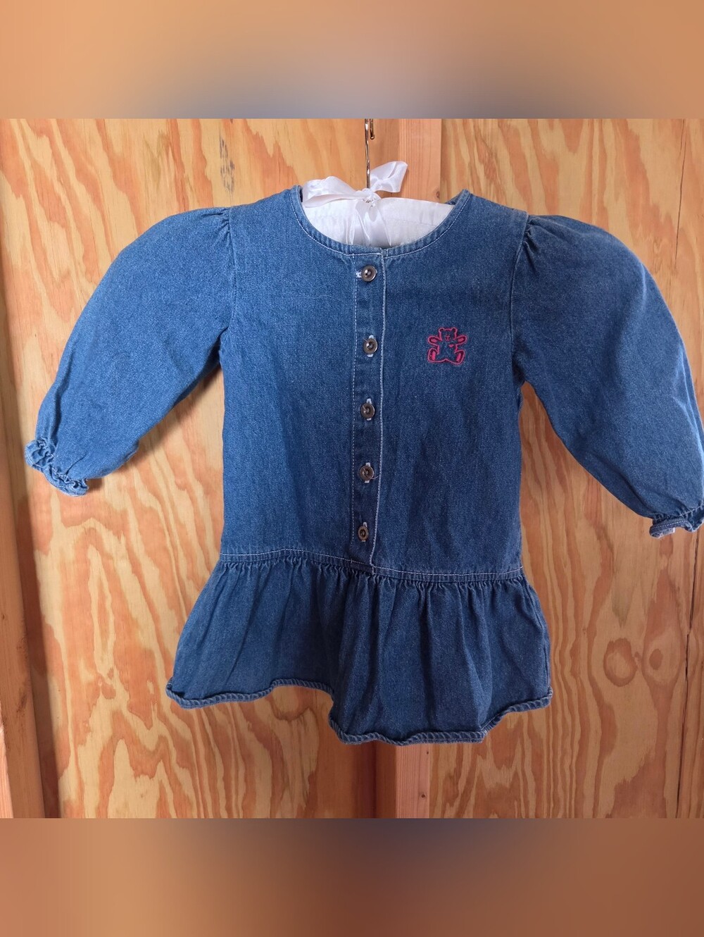 VTG 90s Sprockets Mervyns Blue Denim Ruffle Hem Dress Pink Teddy Bear 2T